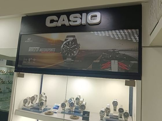 Casio Edifice dealer board at a watch showroom