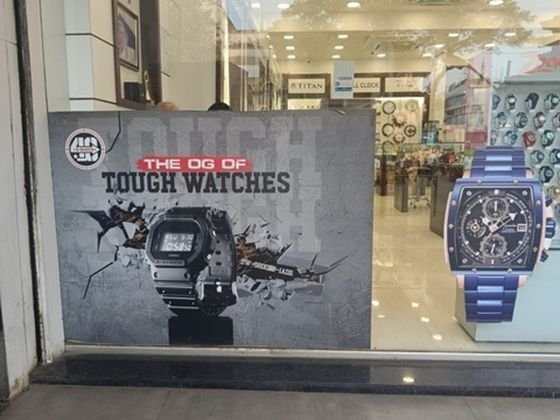 Casio Tough Watches in-shop branding standee at a watch showroom