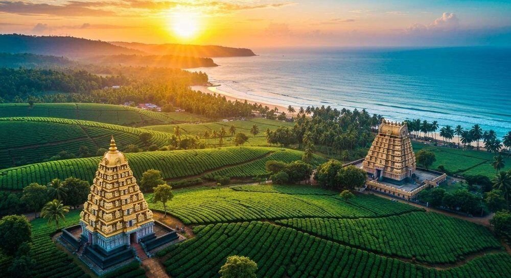 Coastal temple and tea gardens, representing Rudra's South region presence