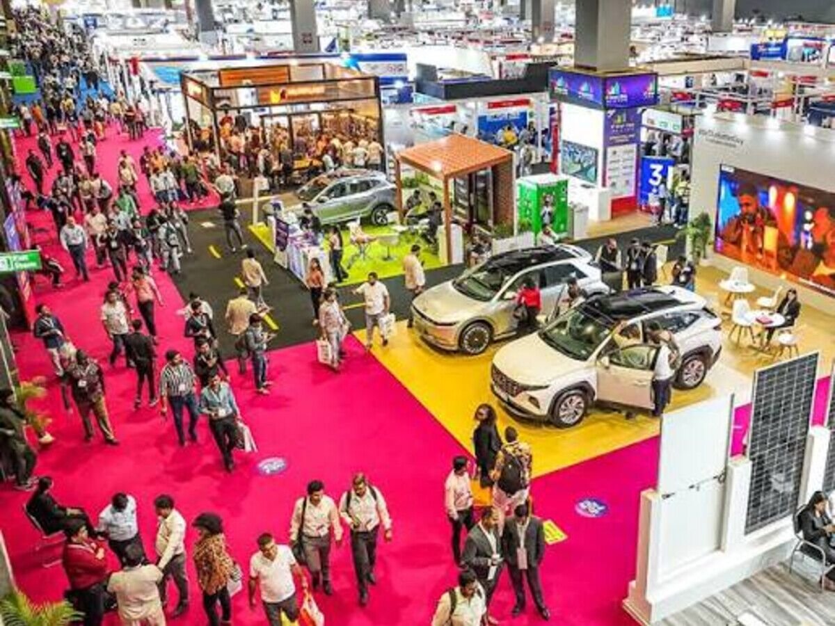 Branded stalls and booths at a large exhibition and conference venue